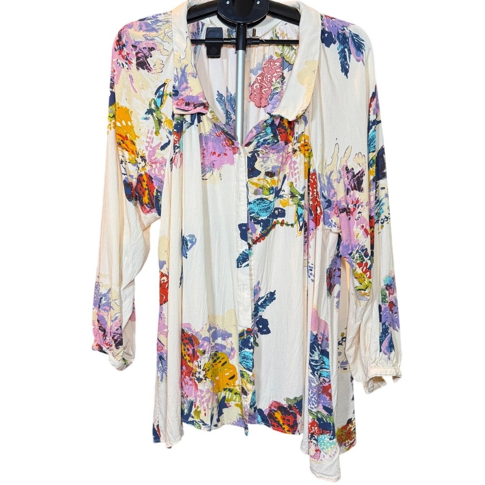 Free People Floral Button Down Tunic Blouse Cream Multi Color Rayon Womens M